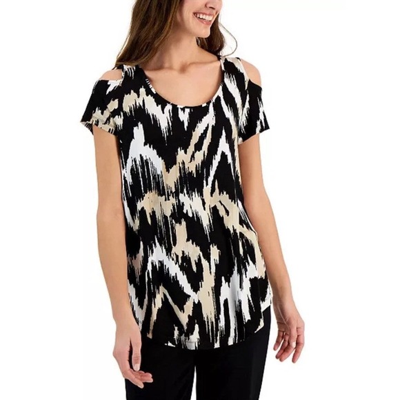 JM Collection Tops - JM Collection Black and White Cold Shoulder Tunic